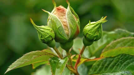 A close-up of a rosebud just starting to open, with fresh green leaves.
