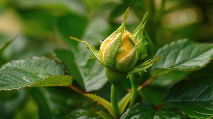A close-up of a rosebud just starting to open, with fresh green leaves.