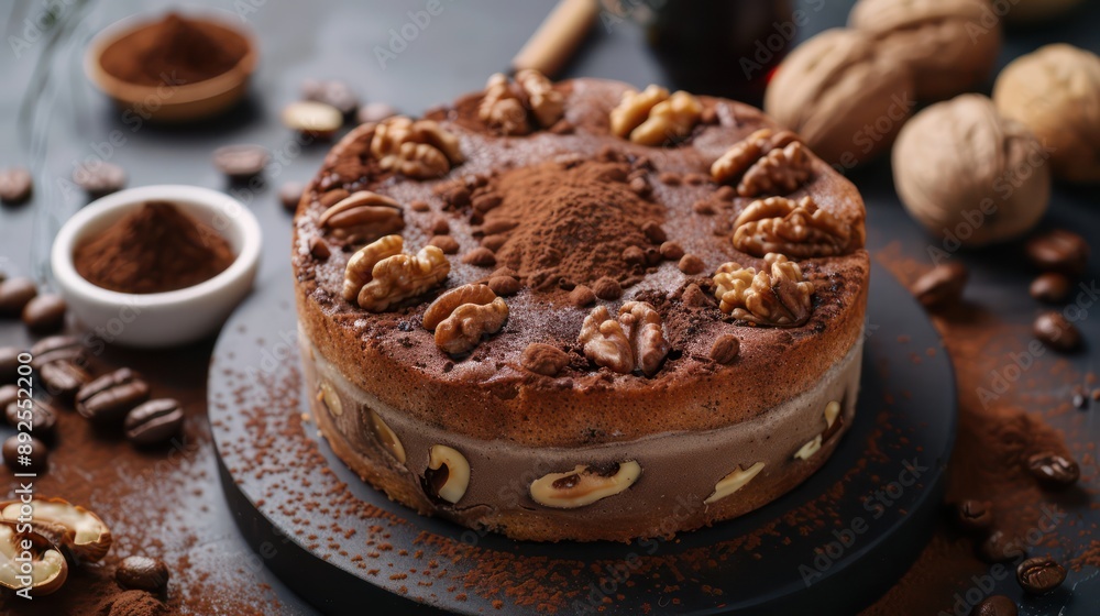 Fototapete sophisticated espresso and walnut cake with a dusting of cocoa on a deep espresso background, chic and perfect for coffee lovers' text