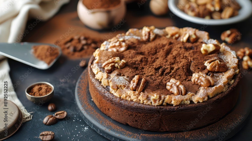 Fototapete sophisticated espresso and walnut cake with a dusting of cocoa on a deep espresso background, chic and perfect for coffee lovers' text