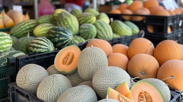 A display of fresh melons at a farmers market, including cantaloupe and honeydew.