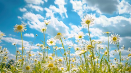 A field of daisies under a bright blue sky, with fluffy white clouds.