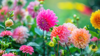 A garden filled with blooming dahlias, creating a colorful display.