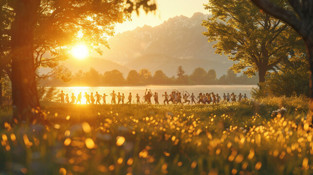 Diverse Group Engaged in Outdoor Bootcamp Workout at Sunrise