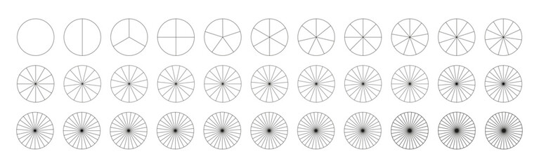 Pie, pizza chart template. Segmented charts from 1 to 33 segments. Many number of sectors divide the circle on equal parts. Outline black graphics. Segments round infographic. Diagram wheel parts.