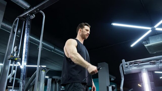 Fit man training body with crossover machine. Exercise for shoulders. Strength and endurance concept. Athlete in tank top working hard. Sport concept. 4K, UHD