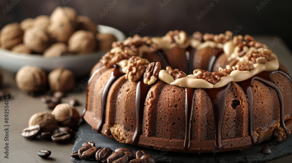 Fototapete sophisticated walnut and coffee cake with espresso drizzle on a deep mocha background, perfect for coffee lovers' text