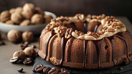 sophisticated walnut and coffee cake with espresso drizzle on a deep mocha background, perfect for coffee lovers' text