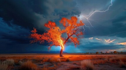 Fototapeta premium Lightning bolt striking tree, intense storm,