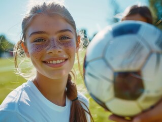 Naklejka premium Teenage girls playing soccer in the sunshine, showcasing joy and happiness while having fun outdoors A group of friends enjoying a game of football on a sunny day, laughing and smiling together