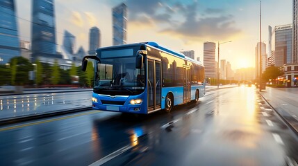 Blue bus moving on the road in city in early morning