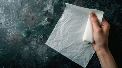 Anonymously tearing paper towel for hygiene concept with copy space