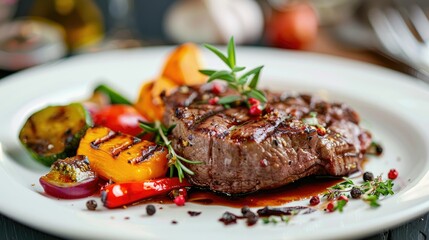 Grilled beef steak with a side of mixed grilled vegetables, on a white plate.