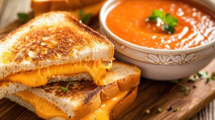 Grilled cheese sandwich with melted cheese oozing out, served with a bowl of tomato soup