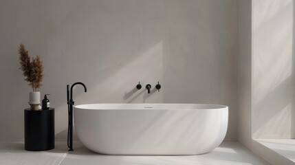 Minimal style bathroom with a white freestanding bathtub and black fixtures