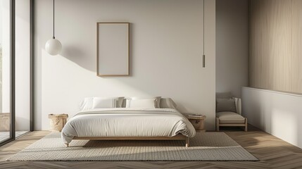 Minimalist bedroom with a white bed, wooden flooring, and a single piece of wall art.