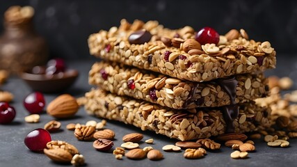 inventive culinary idea. Granola muesli cereal bars stacked on a dark concrete table, drizzled with dark chocolate and adorned with cranberries, walnuts, and other mixed nuts.