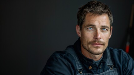 Fototapeta premium Portrait of a handsome young bearded caucasian man with blue eyes in denim apron over a black background.