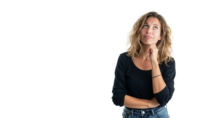 Woman thinking while looking up,doubtful and hesitant,isolated on white background,web banner.
