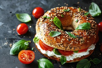 A large bagel with a tomato and basil topping. The bagel is surrounded by a variety of vegetables, including tomatoes and basil
