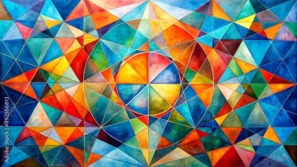 Poster a symphony of shapes: a geometric abstract painting exploring the interaction of lines, circles, and