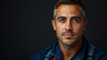 Portrait of a handsome young bearded caucasian man with blue eyes in denim apron over a black background.