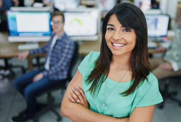 Portrait, arms crossed and woman with smile, intern and proud in office, coworking and business....