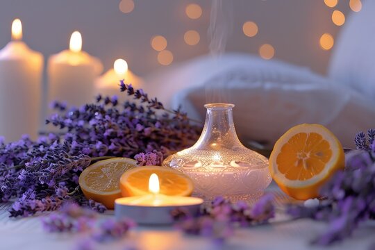 Bougies allum&eacute;es, diffuseur de parfum, lavande et agrumes en ambiance cosy