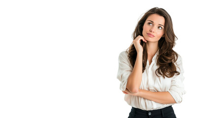 Fototapeta premium Woman thinking while looking up,doubtful and hesitant,isolated on white background,web banner.