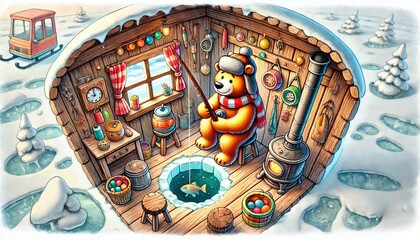 Fototapeta premium Cute Bear Ice Fishing
