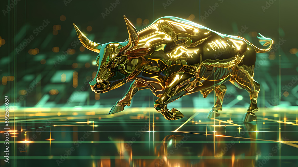 Aufkleber a dynamic 3d rendering of a golden metallic bull leaping over a sleek futuristic rising arrow agains
