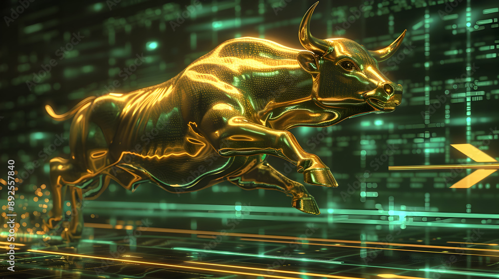 Aufkleber a 3d rendering of a golden bull with a polished metallic surface dynamically leaping over a rising f