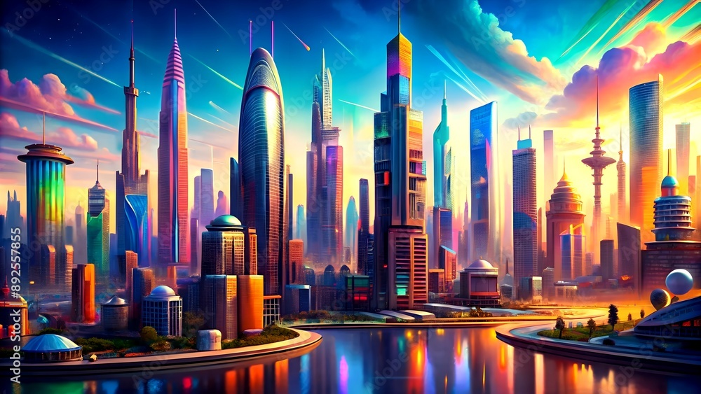 Aufkleber a cityscape of dreams: imaginary architecture in a futuristic metropolis generative ai machine-gener
