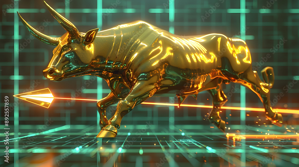 Aufkleber stunning 3d rendering of a golden metallic bull leaping over a futuristic rising arrow against a sle