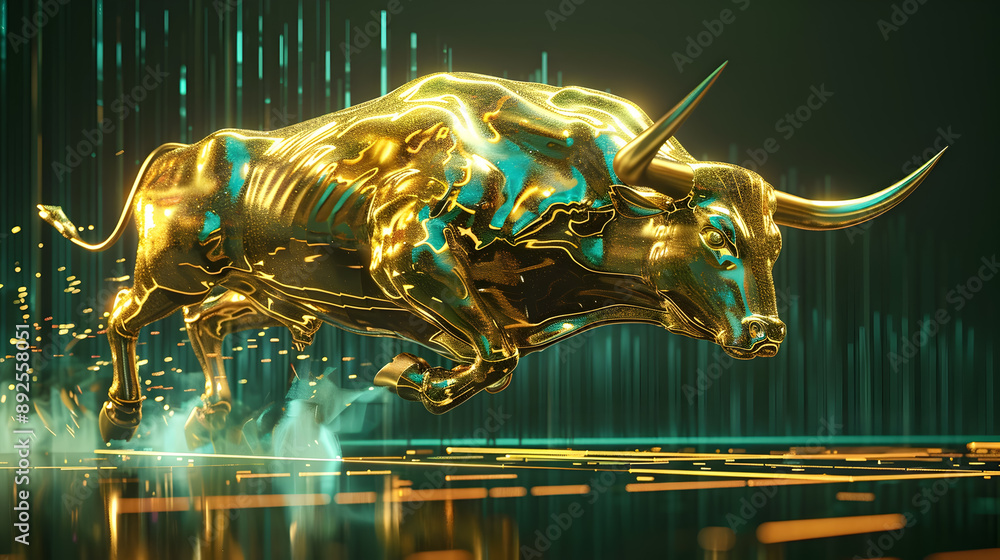 Poster a visually striking 3d rendering depicting a golden bull with a polished metallic surface leaping ov