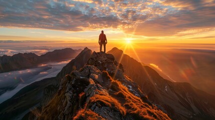 Triumphant figure on mountain peak at sunrise with determination and patience message in sky