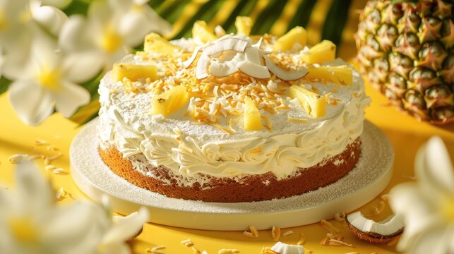 tropical pina colada cake with pineapple and coconut on a sunny yellow background, refreshing and ideal for beach-themed parties