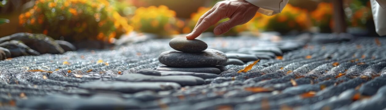 Person arranging pebbles in a Zen garden, highlighting the meditative and calming practice
