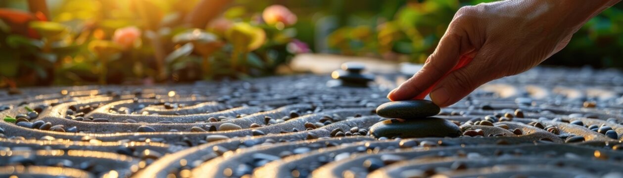 Person arranging pebbles in a Zen garden, highlighting the meditative and calming practice