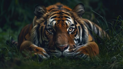 Fototapeta premium A lonely tiger lying in the grass, its eyes reflecting a sense of solitude.