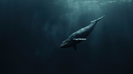Fototapeta premium A lonely whale swimming alone in the deep ocean, its body reflecting a sense of solitude.