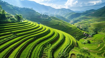 Fototapeta premium Mu Cang Chai rice terraces with vibrant green hues and winding pathways