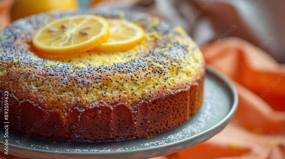Fototapete zesty lemon poppy seed cake on a soft tangerine background, bright and inviting for text