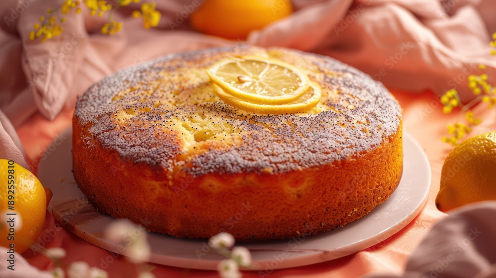 Fototapete zesty lemon poppy seed cake on a soft tangerine background, bright and inviting for text