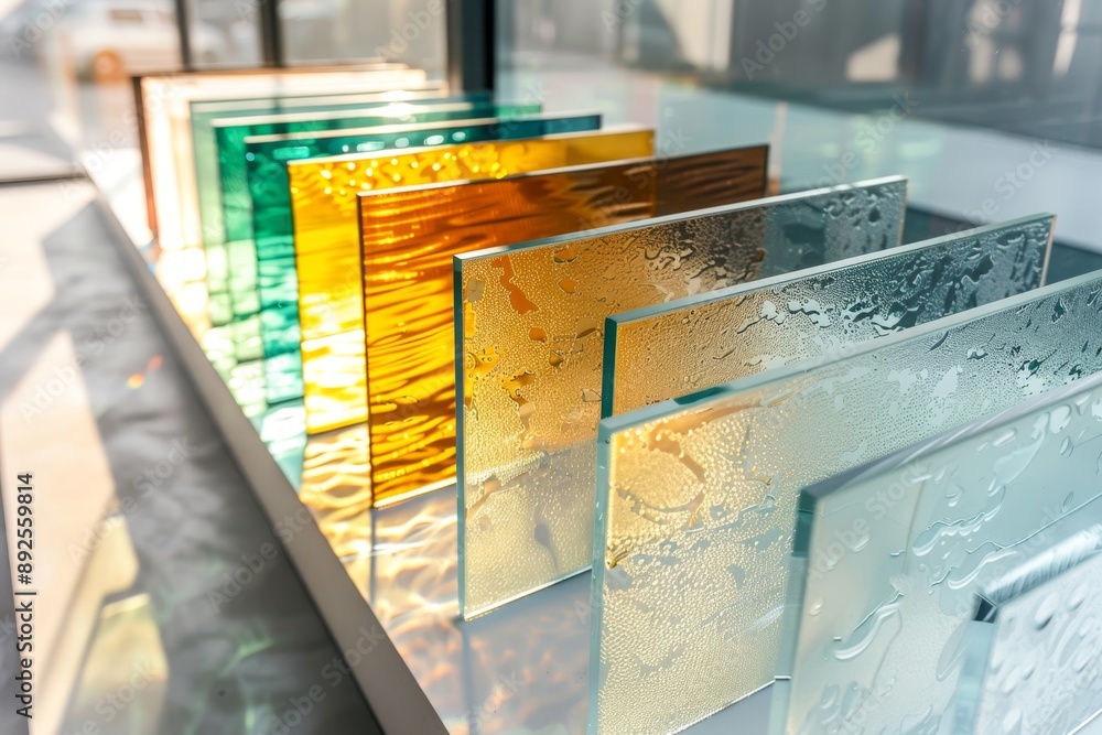Aufkleber array of glass panels with different tints and textures, illustrating modern and stylish options for