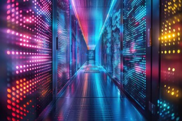A futuristic server room with glowing lights and a reflective floor.  The walls are lined with servers, creating a sense of technology and innovation.