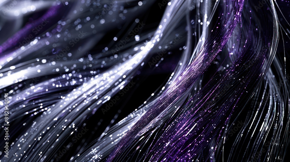 Fototapete dynamic interplay of silver and royal purple fibers on a jet-black canvas, perfect for elegant and l