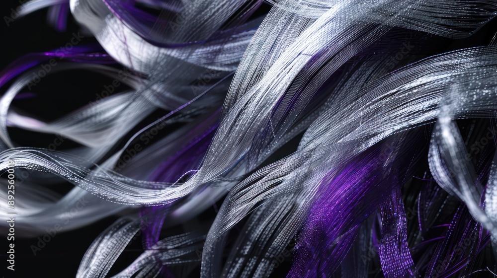 Fototapete dynamic interplay of silver and royal purple fibers on a jet-black canvas, perfect for elegant and l