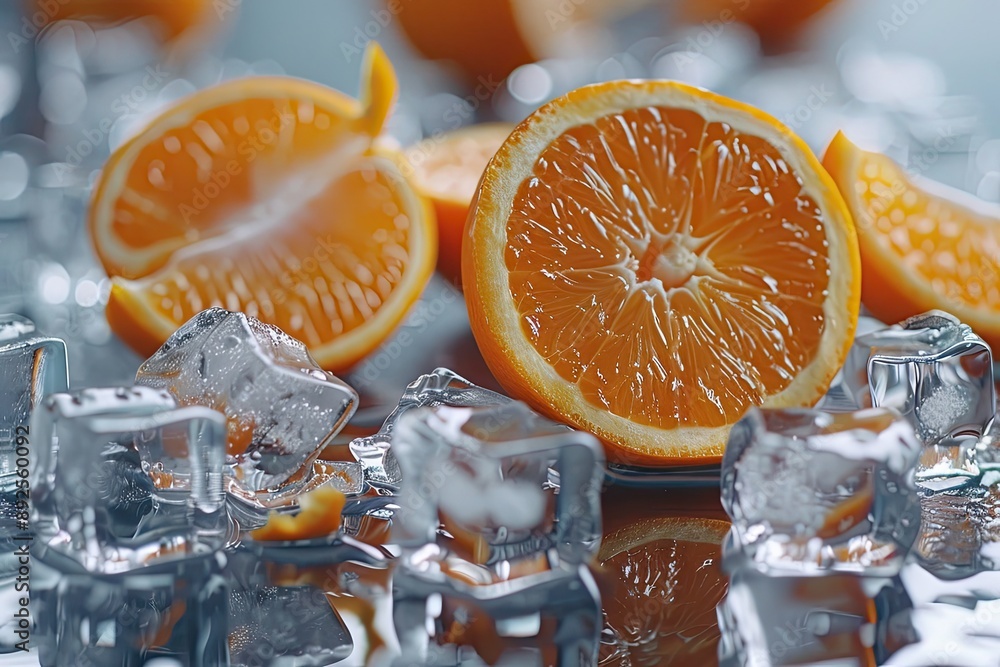 Poster a close up of an orange with a slice missing. the orange is surrounded by ice cubes. scene is cool a