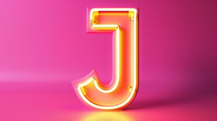 Bright Neon Font with fluorescent yellow tubes letter J night show alphabet on pink background